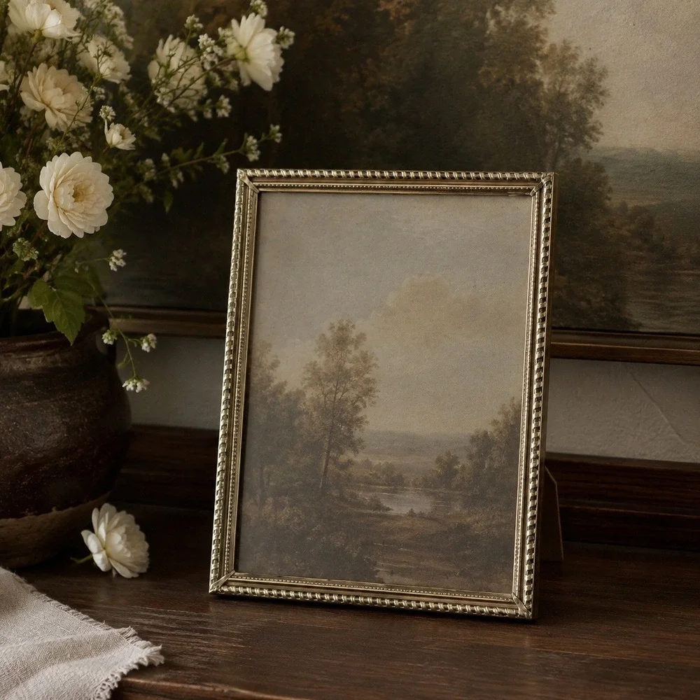 Vintage Gold Metal Beaded 8x10 Picture Frame Velvet Back Tabletop Decor